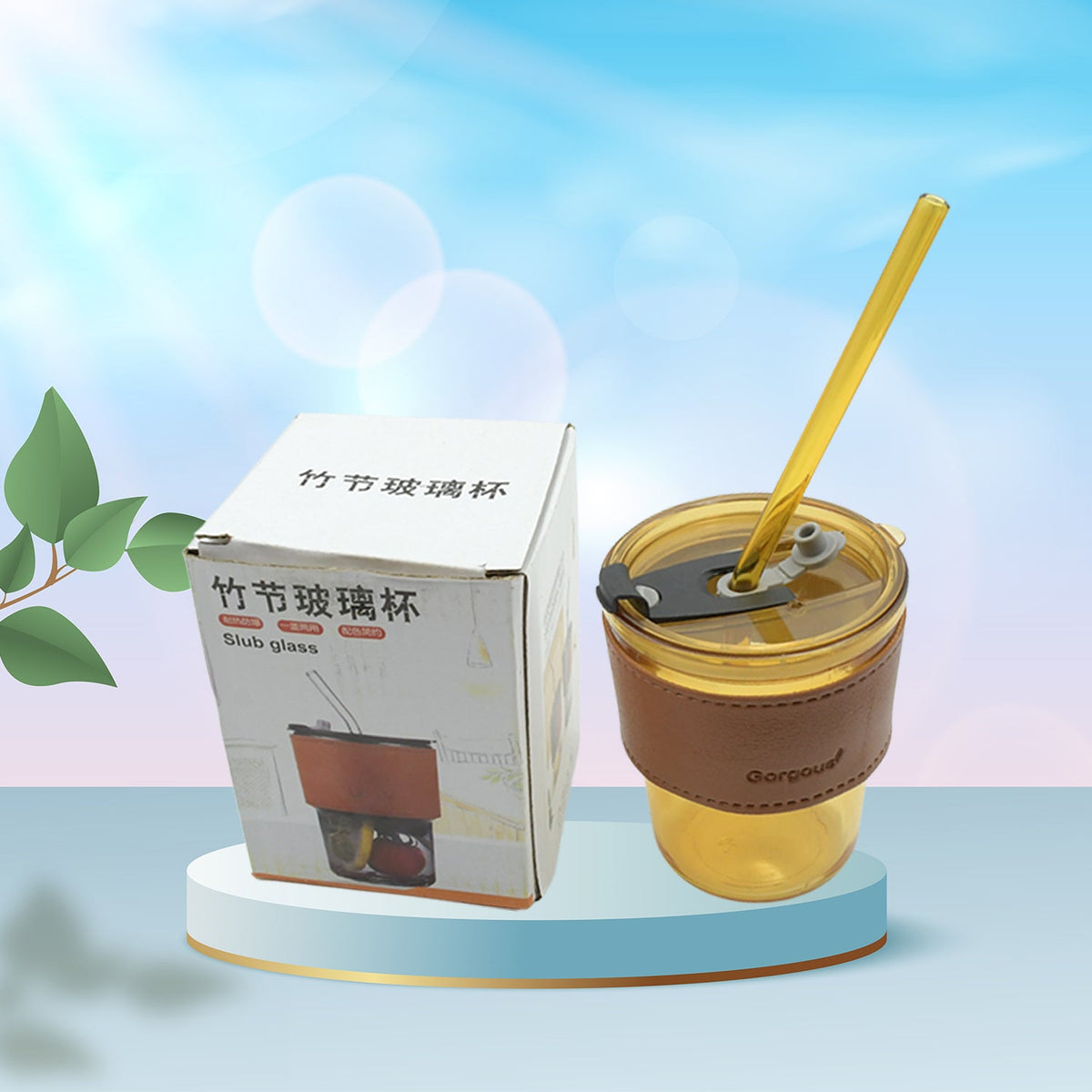 Transparent glass coffee mug with glass straw and lid