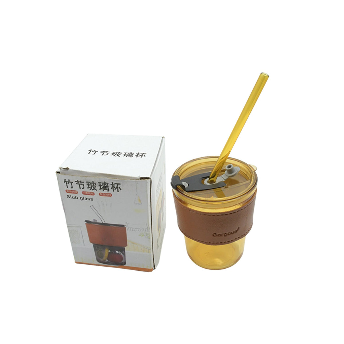 Amber glass cup next to its product box