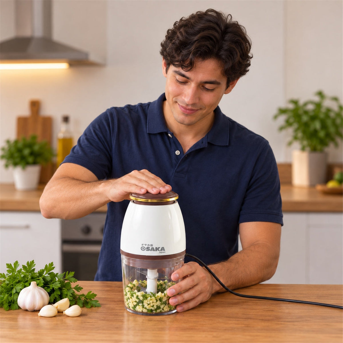 Electric vegetable chopper on white background