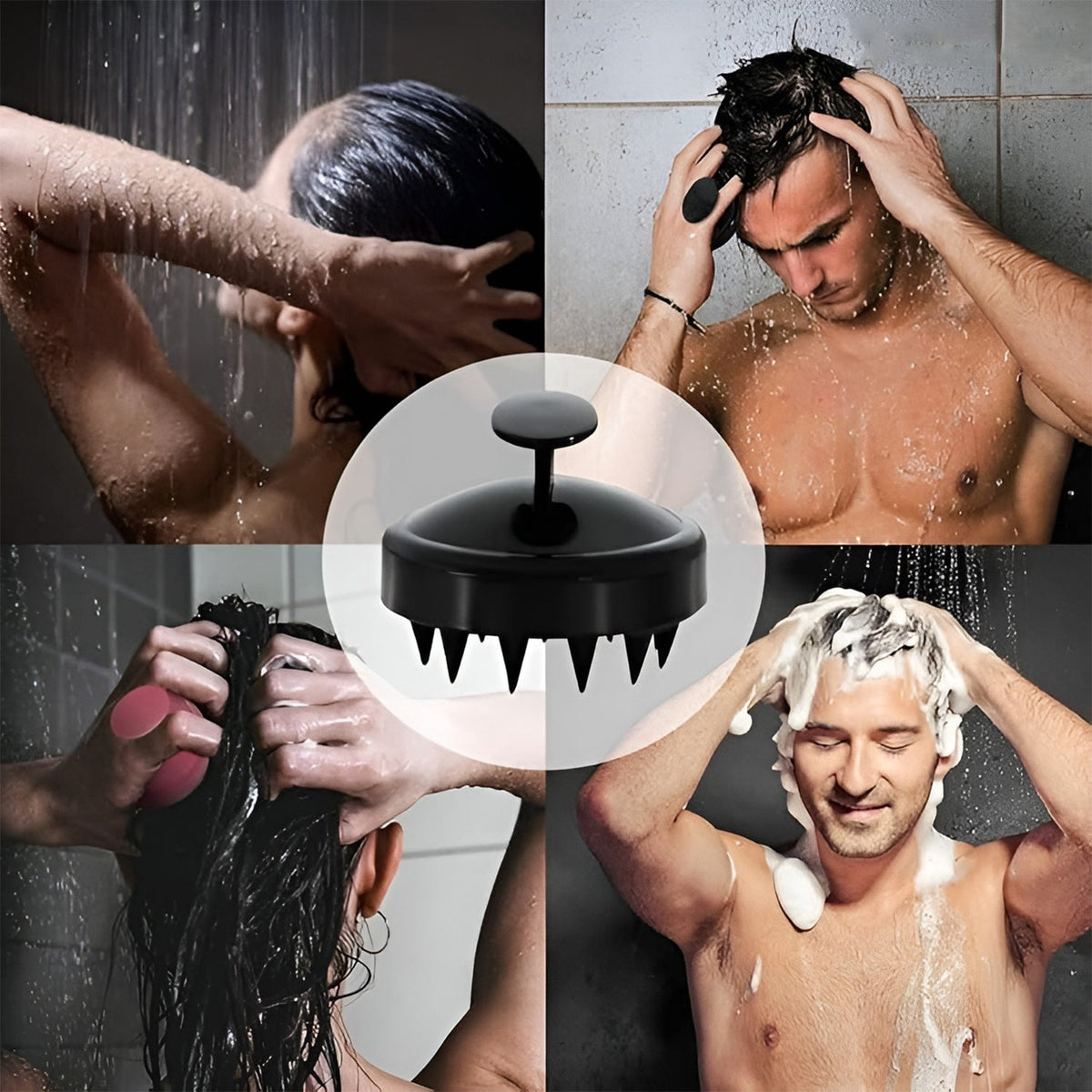 Scalp massager brush demonstrating scalp exfoliation