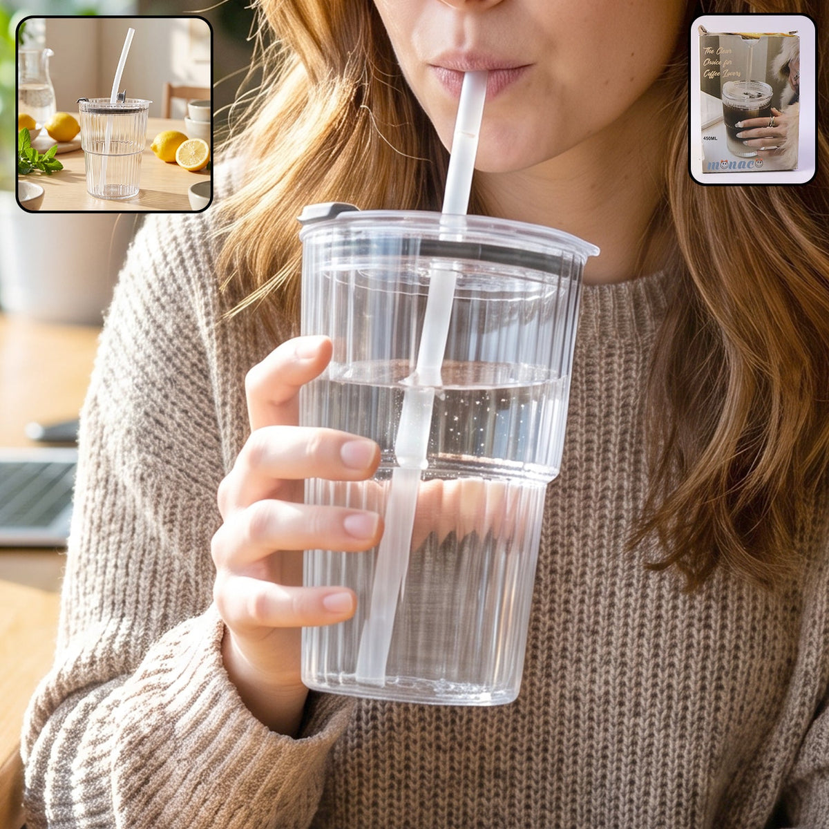 Plastic tumbler with lid, 450ml reusable clear leak-proof