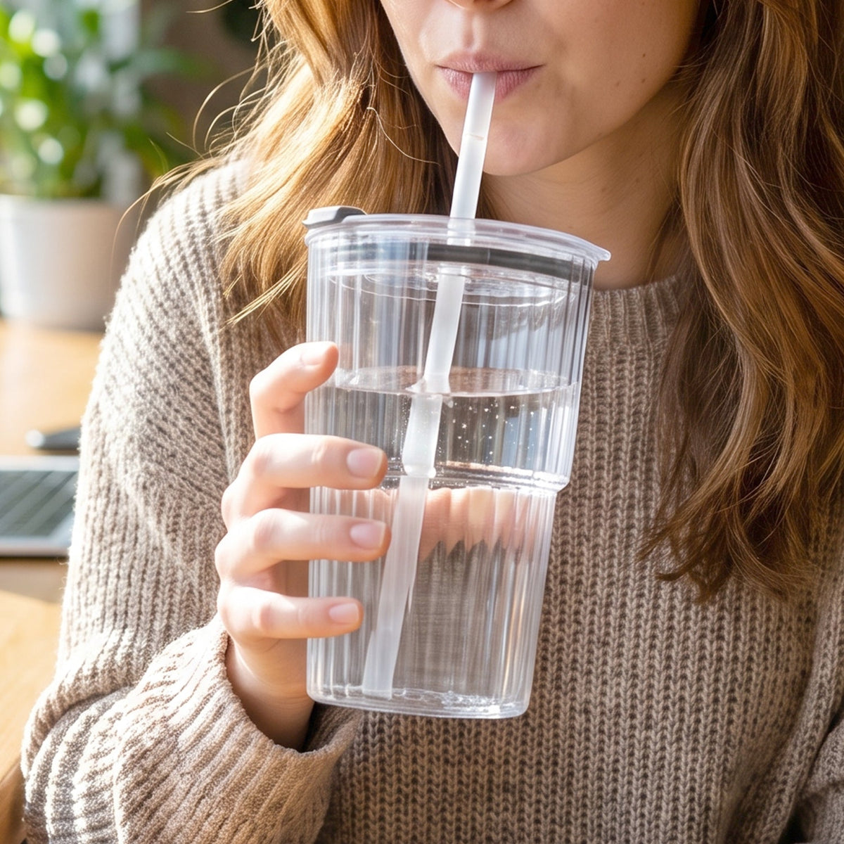 Clear plastic tumbler side view