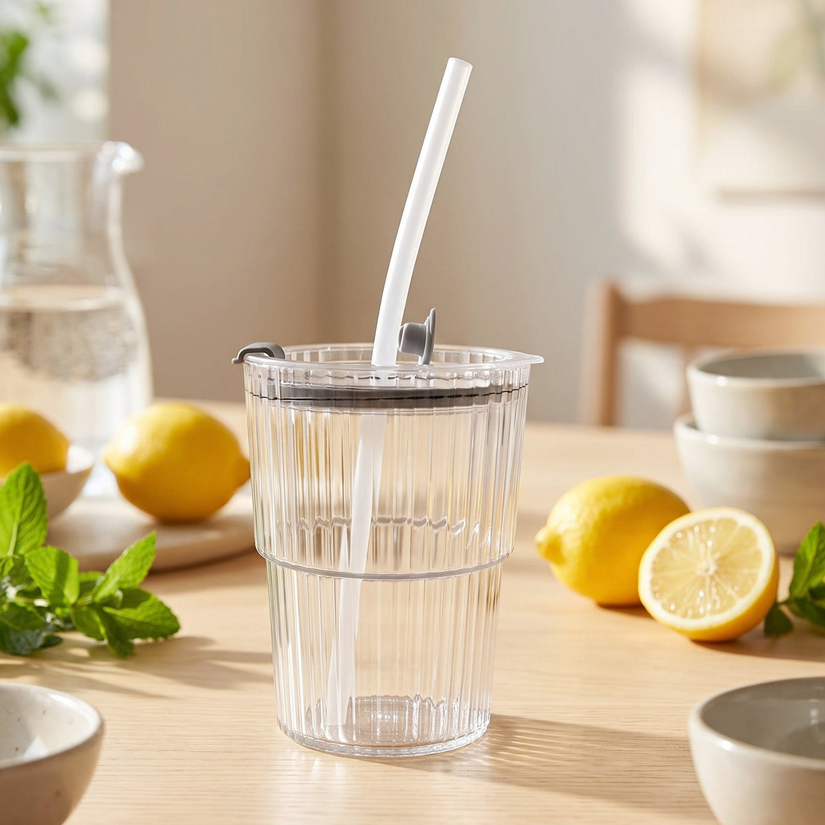 Plastic tumbler showing non-slip ridged grip