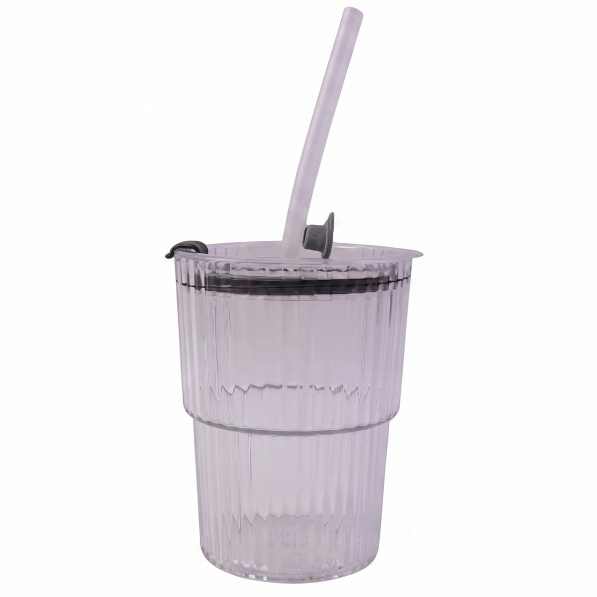 Plastic tumbler with reusable straw in use